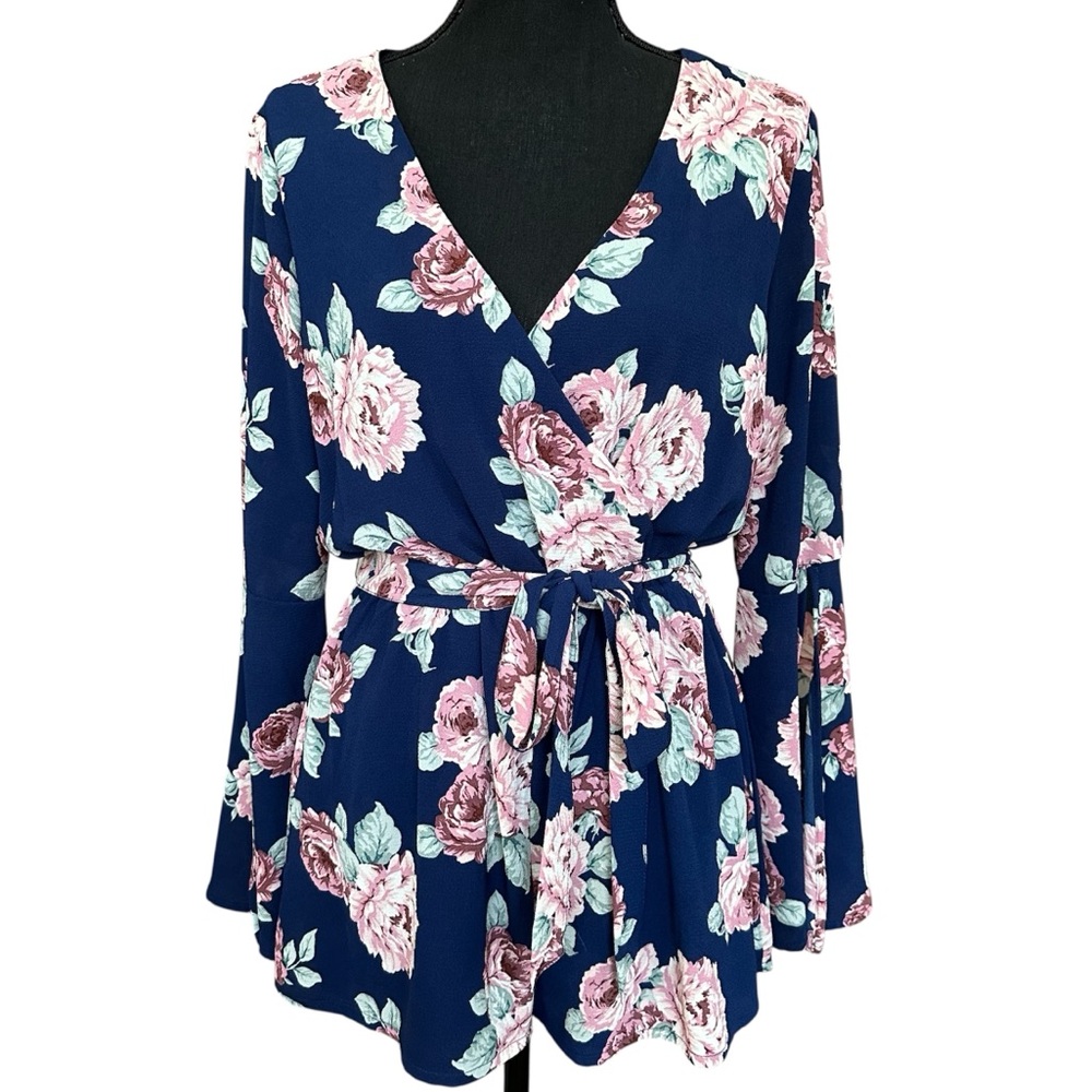 Lily Rose Medium blue with pink floral print romper